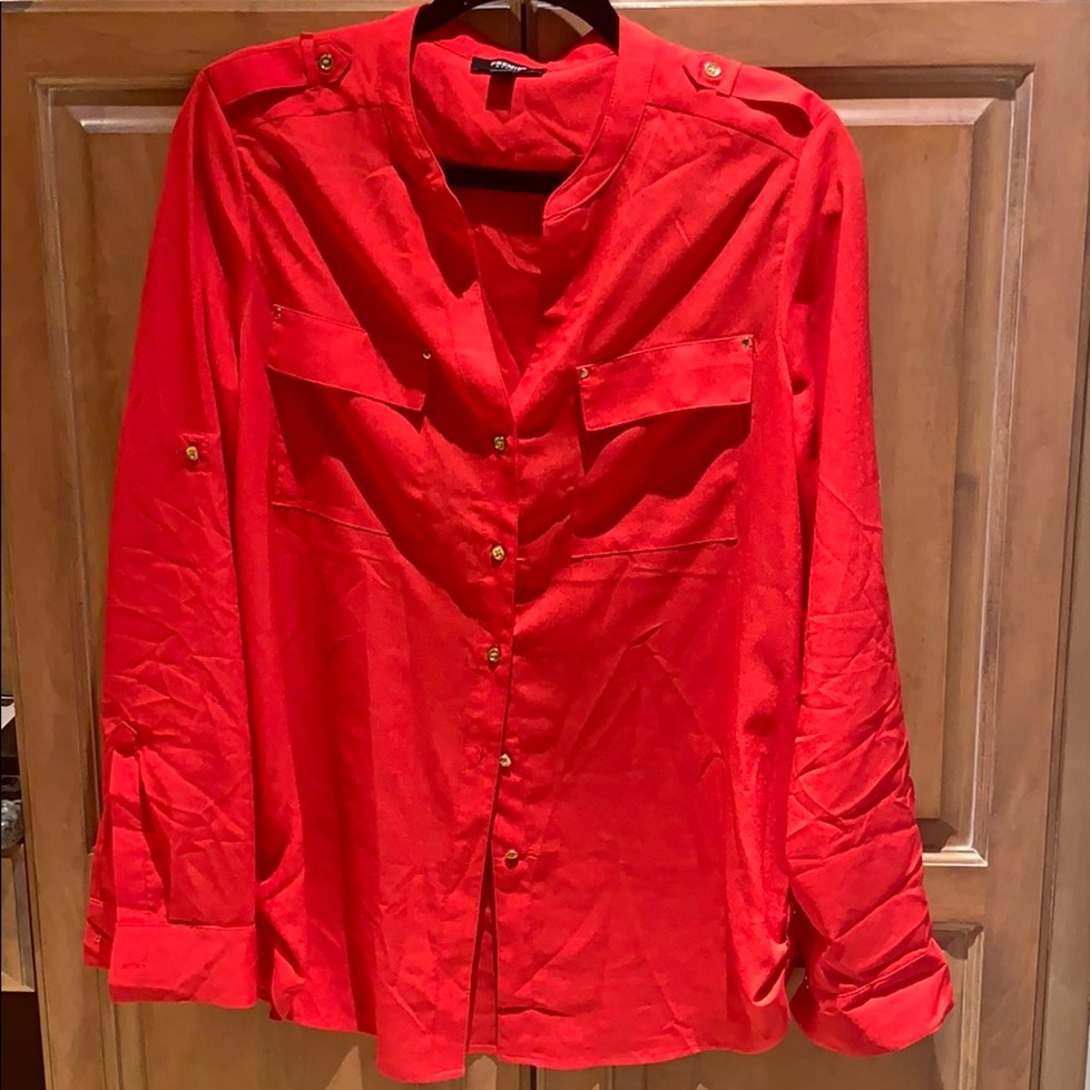 Red Long Sleeve Button-Up Blouse with Gold Buttons